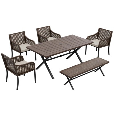 EAGLE PEAK Sienna Bay 6PCS Patio Wicker Dining Set w/ Soft Cushions Umbrella Hole