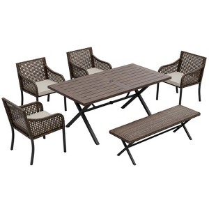 EAGLE PEAK Sienna Bay 6PCS Patio Wicker Dining Set w/ Soft Cushions Umbrella Hole - 1 of 4