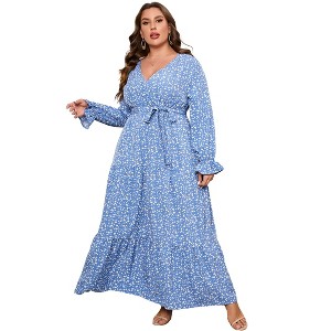 Plus Size Women's V Neck Long Sleeve Maxi Dress with Belt Flowy Elegant Floor Length Dress - 1 of 4