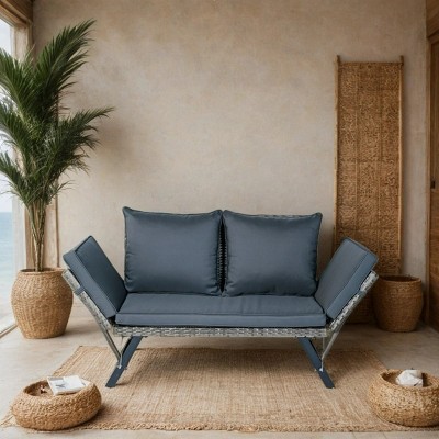 1pc Outdoor Wicker Bench, Foldable Steel Frame with Cushions, 2-Person Patio Seating for Garden or Porch - Coolbibila
