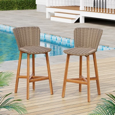 Set of 2 Outdoor Bar Stools, Acacia Wood Legs with Wicker Seat and Backrest, High Chairs for Patio, Balcony, or Bar Table-The Pop Home