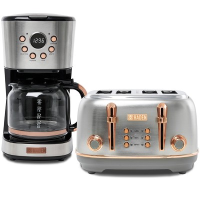 Haden Heritage 4 Slice Wide Slot Stainless Steel Toaster Bundled with 12 Cup Programmable Drip Coffee Maker Coffee Machine, Steel & Copper