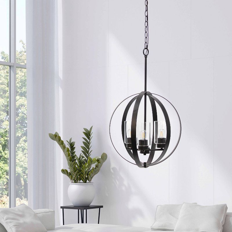 3-Light 18" Adjustable Industrial Globe Hanging Metal/Clear Glass Ceiling Pendant - Lalia Home, 4 of 13