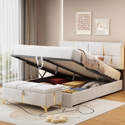 2 Pieces Bedroom Sets, Queen Size Upholstered Platform Bed with Hydraulic Storage System, Storage Ottoman with Metal Legs, Beige/Black-ModernLuxe