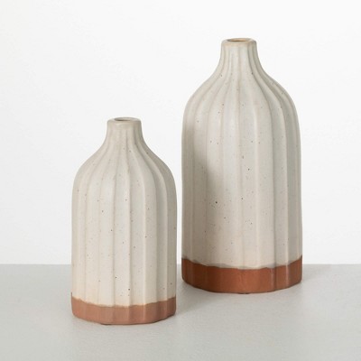 Sullivans Ribbed Ceramic Vase Set, 8.75"H & 11.75"H; Off-White