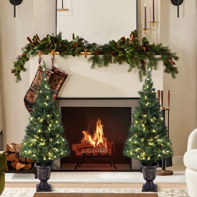 Set of 2 Pre-Lit Potted Pine Christmas Trees with LED Lights