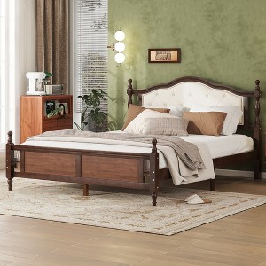 VASIP Queen Pine Wood Bed Frame - White Upholstered Headboard & Panel Footboard with 2 Side Rails - 1 of 4