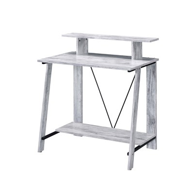 INFURNIC Desks Antique White and Black Writing Desk with Upper Shelf and V-Shaped Metal Backing, Grey, 32.5"*18.5"*35.5"
