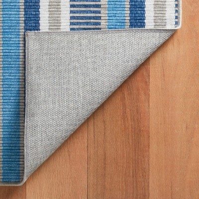 Blue and Grey Stripe Synthetic Washable 4' x 6' Rug