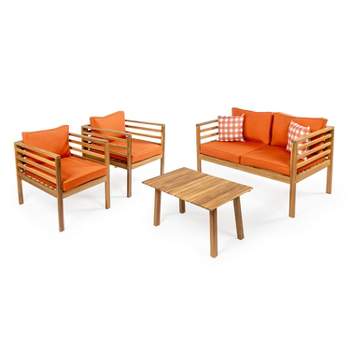 Thom 4-Piece Mid-Century Modern Acacia Wood Outdoor Patio Set with Cushions and Plaid Decorative Pillows - JONATHAN Y