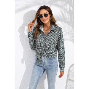 Women's Houndstooth Plaid Button-Down Shirt, Loose Fit Long Sleeve Collared Blouse for Casual & Office Wear - 1 of 4