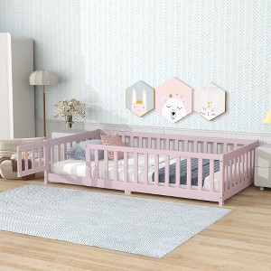 TIRAMISUBEST Twin/Full/Queen Size Floor Bed with Fence and Door, Rubber Wood Floor Platform Bed Montessori Bed Toddler Bed with Safety Guardrails - 1 of 4