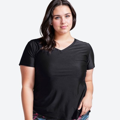 Calypsa Women's Plus Size V-Neck Short Sleeve Rashguard UPF 50+ Adele Swim Top