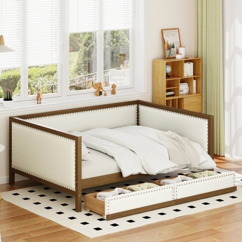 Full Size Wooden Upholstered Daybed with Trundle/Drawers and Nailhead Decoration 4L, Beige -ModernLuxe - image 1 of 4