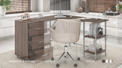 Sand Wood L-Shape Gaming Computer Desk with Drawer