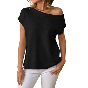 Coolmee Women's Knit Off The Shoulder Tops Summer Casual Short Sleeve Beach Vacation Tops - 1 of 4