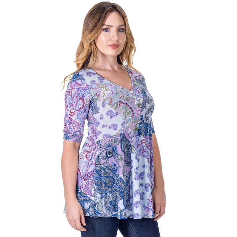 24seven Comfort Apparel Womens Purple Paisley Print Elbow Sleeve V Neck Henley Tunic Top, 2 of 9