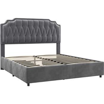 Yaheetech Upholstered Bed Frame with Button-Tufted Headboard, Dark Gray(Queen)