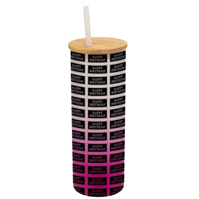 Elanze Designs Happy Birthday Banner Stamp Wrap-Around Design 25 Ounce Frosted Gradient Glass On-The-Go Coffee Travel Skinny Tumbler Mug Cup, Bamboo