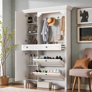 Mshliw 54.7 Inch Hall Tree with Shoe Cabinet and Mirror Entryway Storage Bench with Flip Drawers Hooks and Cabinets for Living Room - 1 of 4