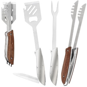 Itopfox 6-in-1 Grill Tools Set with Spatula, Tongs, Fork, Steak Knife, Bottle & Can Opener - Portable Camping & BBQ Utensils for Outdoor Cooking - 1 of 4
