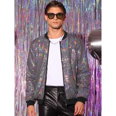 Lars Amadeus Men's Zip Up Long Sleeves Disco Sparkle Sequin Bomber Jacket Silver X Large — фото 2