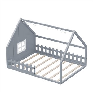 COWLOWN Full House Bed with Window & Fence, Wooden Playhouse Bed Frame, No Box Spring Needed - 1 of 4