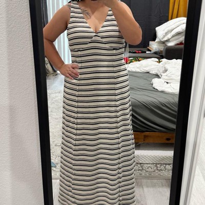 beige & white striped maxi dress product info and reviews Beige Striped Sleeveless Square Neck Maxi Dress