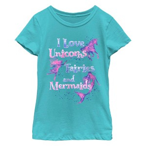 Girl's Lost Gods I Love Unicorns Fairies and Mermaids T-Shirt - 1 of 4