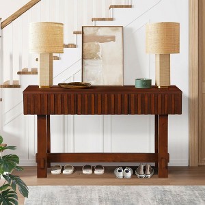 Sapphtopaz 52" Farmhouse Console Table with 3 Storage Drawers Fluted TV Stand with Solid Wood Legs Entryway Table for Living Room, Hallway - 1 of 4