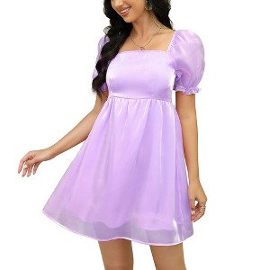 Clearlove Women's Puff Short Sleeve Mesh Dress Square Neck Summer A Line Dresses - 1 of 4