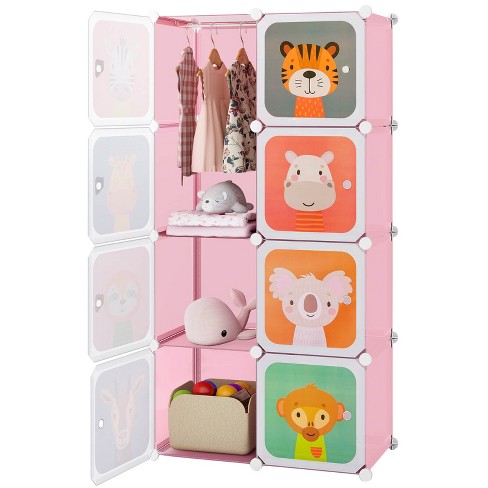 Costway 8 cube Kids Wardrobe Baby Dresser Bedroom Armoire Clothes Hanging Closet With Doors Pink Target