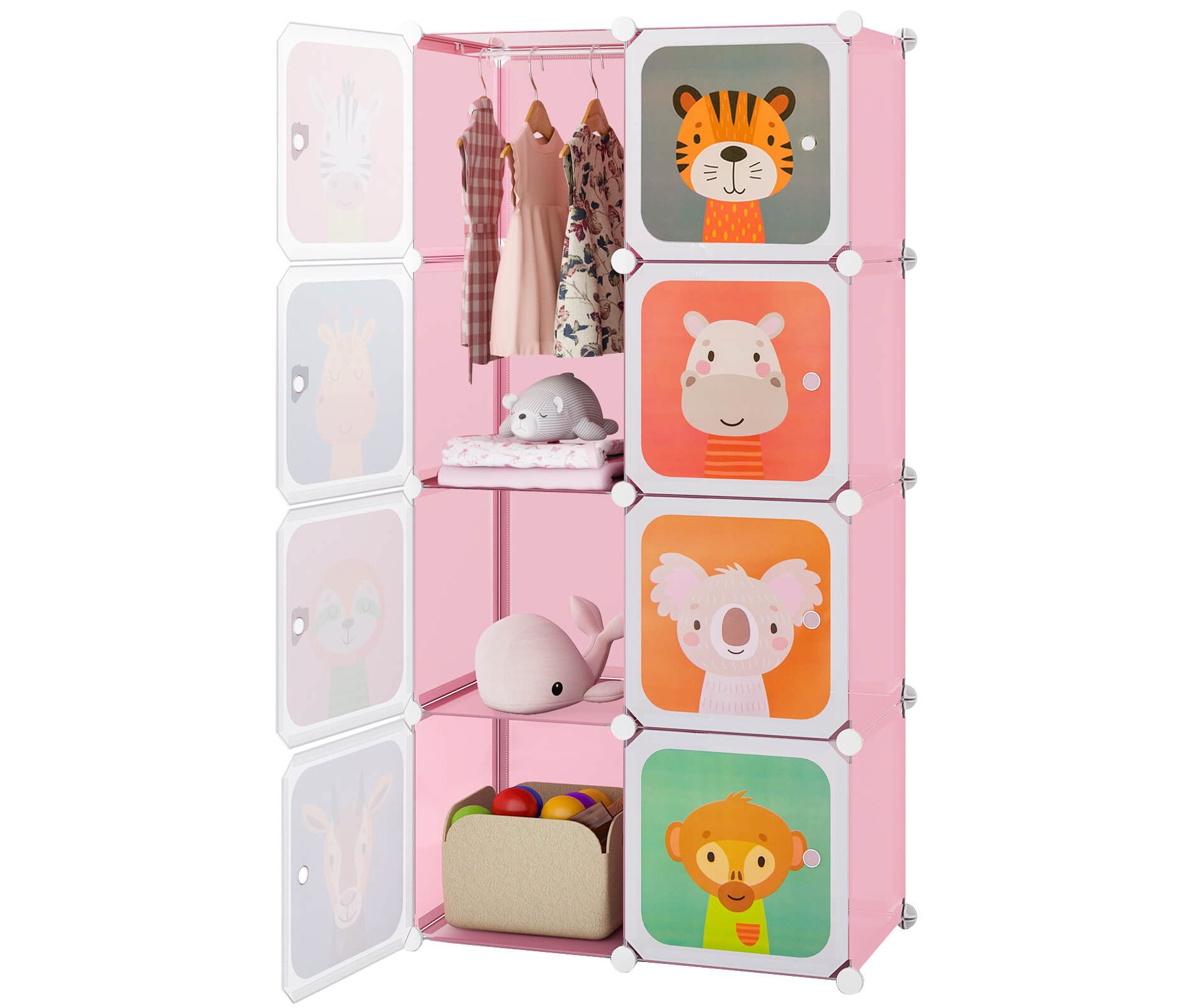 Costway 8-Cube Kids Wardrobe Baby Dresser Bedroom Armoire Clothes Hanging Closet with Doors Pink