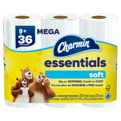 Charmin Essentials Soft Toilet Paper 9 Mega Rolls, 330 sheets per roll