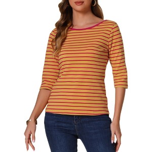 INSPIRE CHIC Women's Elbow Sleeves Boat Slim Fit Casual Stripe Animal Print Multi Floral Pattern T-Shirt - 1 of 4