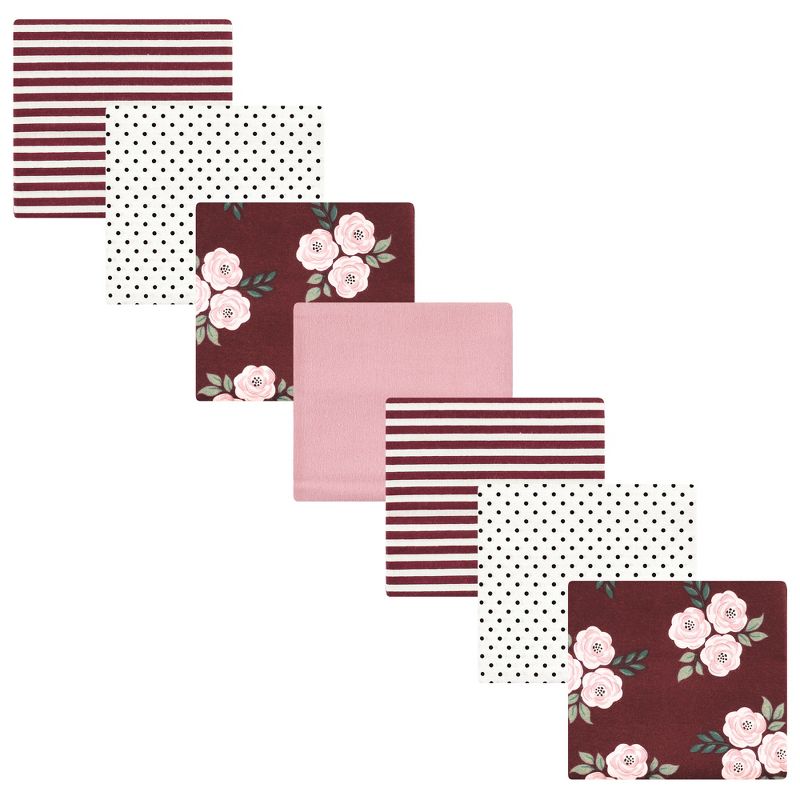 Hudson Baby Infant Girl Cotton Flannel Receiving Blankets Bundle Set, Tea Party Burgundy Floral, One Size, 3 of 4