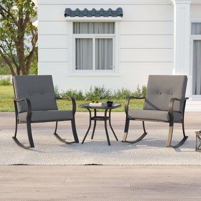 Sonkuki 3 Pieces Patio Bistro Set, Outdoor Funiture Set with 2 Rocking Chairs, Tempered Glass Top Coffee Table and Cushion
