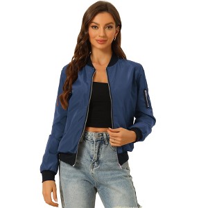 Allegra K Women's Bomber Jacket Casual Lightweight Zip-Up with Pockets - 1 of 4