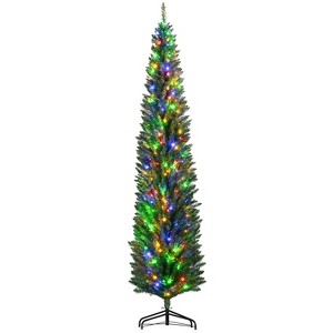 HOMCOM 8ft Prelit Artificial Christmas Tree Holiday Decoration with Colorful LED Lights, Pencil Shape, Green - 1 of 4
