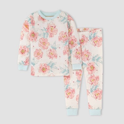 Image of Burt's Bees Baby® Toddler Girls' Elegant Floral Organic Cotton Pajama Set - Light Blue 3T