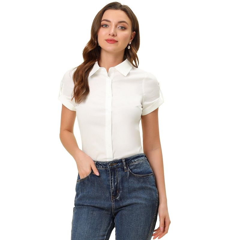 Allegra K Women's Elegant Roll-Up Short Sleeve Work Button-Down Shirts, 1 of 4