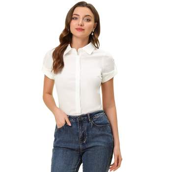 Allegra K Women's Elegant Roll-Up Short Sleeve Work Button-Down Shirts