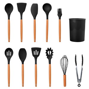 NewHome "11-Piece Silicone Cooking Utensil Set with Wooden Handles – Heat-Resistant Kitchenware Set with Holder" Black and Green - 1 of 4