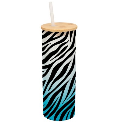 Elanze Designs Zebra Animal Print Wrap-Around Design 25 Ounce Frosted Gradient Glass On-The-Go Coffee Travel Skinny Tumbler Mug Cup, Bamboo Lid and