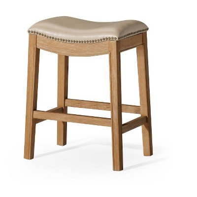 HomeRoots 26" Beige and Natural Faux Leather and Solid Wood Backless Counter Height Bar Chair