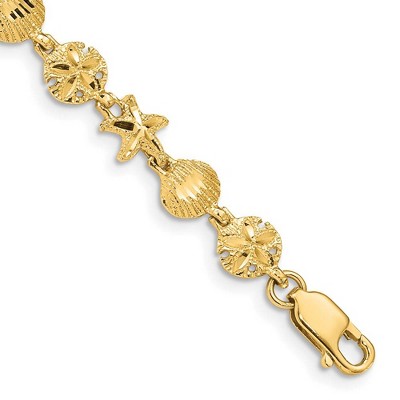 Black Bow Jewelry 14k Yellow Gold Starfish, Shell and Sand Dollar Bracelet - 7 Inch