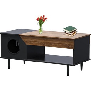Acekool 45'' Coffee Table with Cat House, Storage Drawer, Rustic Black Table for Living Room, Hidden Litter Box, Cat Door - 1 of 4