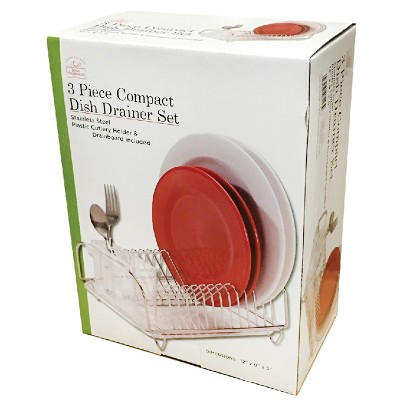 Compact Silver Metal Dish Drainer with Utensil Cup