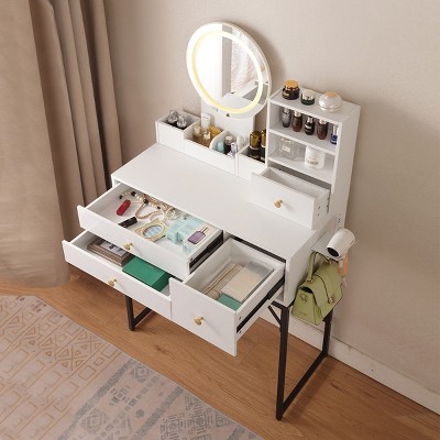 KTMBDW Vanity Desk with Mirror and Lights, Makeup Vanity Table Set with Power Outlets, 3 Lighting Modes, 3 Drawer and Storage Shelves,Bedroom,White