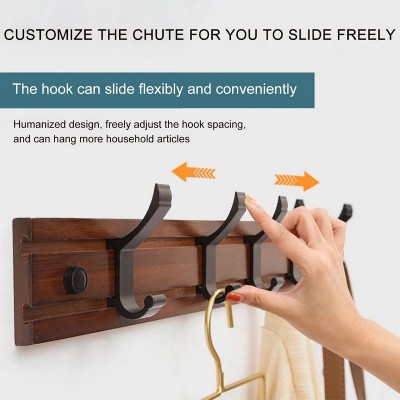 LunaLulinlk Coat Rack Wall Mount With Movable 5 Metal Hooks, Wooden Coat Rack Farmhouse Coat Hangers Brown